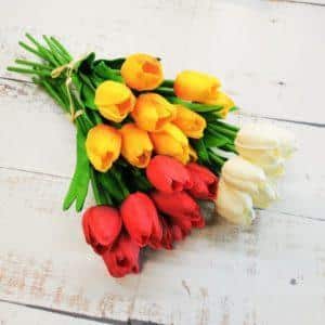 Tavaszi dekoráció, tulipáncsokor, tavaszi selyemvirágok