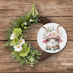 Tavaszi dekoráció, húsvéti ajtódísz húsvéti nyúllal
