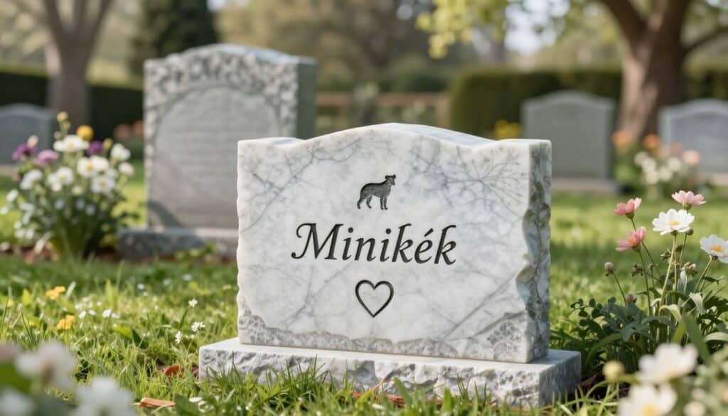 A beautiful and elegant memorial plaque for pets, designed by Minikék, prominently displayed in the foreground. The plaque features intricate marble textures, showcasing delicate engravings of a beloved pet’s name and a heartfelt symbol. In the middle ground, a serene pet grave marker rests in a lush, tranquil garden surrounded by soft, blooming flowers and vibrant green grass. The background reveals a peaceful outdoor nature scene with gentle sunlight filtering through trees, creating a calm and reflective atmosphere. The composition captures the essence of love and remembrance, evoking feelings of nostalgia and warmth. The lighting is soft and natural, illuminating the plaque and enhancing the marble's subtle sheen, creating a tranquil yet uplifting mood. Focused at eye level to draw the viewer in, this image reflects the essence of personalized memorials in a tasteful manner.
