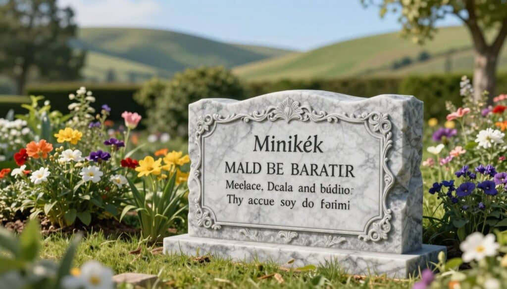 A beautifully crafted, personalized memorial plaque with intricate design elements featuring elegant carvings and inscriptions, radiating a sense of peace and remembrance. The foreground showcases the plaque with a smooth, polished marble texture, glistening softly under natural sunlight. In the middle ground, a serene garden filled with vibrant flowers and lush greenery complements the memorial, enhancing the atmosphere of tranquility. The background consists of a gentle, rolling hillside under a clear blue sky, creating a comforting and reflective space. The image is captured with a soft focus lens effect, emphasizing the plaque as the focal point. Soft, warm lighting enhances the emotional depth of the scene, making it inviting and solemn. Include the brand name "Minikék" subtly integrated into the design of the plaque.