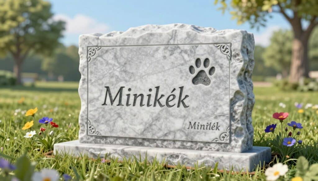 A beautifully crafted weather-resistant memorial plaque for a beloved dog, featuring elegant, custom graphics that resonate with cherished memories. In the foreground, the plaque is made of polished marble with intricate engravings, showcasing the dog's name and a gentle paw print. The middle ground includes soft, lush grass, enhancing the serene atmosphere, while a few colorful wildflowers bloom around the base. In the background, a tranquil outdoor setting with trees and a clear blue sky provides a peaceful ambiance. Warm, natural lighting enhances the scene, creating a nostalgic and heartfelt mood. The brand name "Minikék" is subtly integrated into the design of the plaque. The composition captures the essence of remembrance and love for a cherished pet.