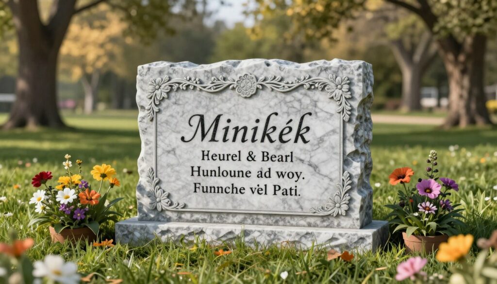 A beautifully designed, elegant memorial plaque for a beloved pet, showcasing a unique inscription. The plaque features intricate carvings and a polished marble texture, adorned with delicate floral motifs. In the foreground, the memorial stands prominently on a lush green lawn, surrounded by colorful flowers. The middle ground portrays a serene nature backdrop with softly lit trees and a gentle breeze, creating a tranquil atmosphere. The lighting is warm and inviting, highlighting the details of the plaque and casting soft shadows. The scene should evoke a sense of peace and remembrance. Include the brand name "Minikék" subtly integrated into the design. Capture this moment from a slightly elevated angle to convey depth and emotion.
