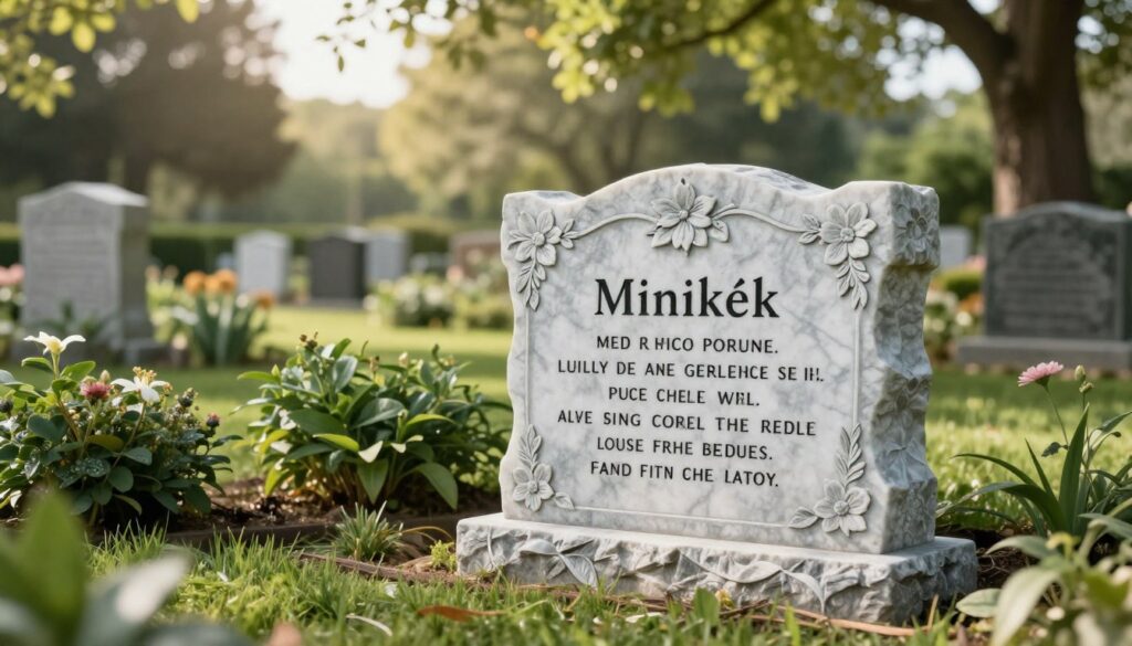 A serene and respectful image of an elegant memorial plaque designed by "Minikék". The foreground features a beautifully carved marble gravestone with intricate details, including a customizable name, date, and an engraved farewell message. The plaque is adorned with delicate floral motifs that symbolize remembrance. In the middle ground, lush greenery surrounds the gravestone, emphasizing tranquility and peace. The background reveals a soft-focus view of a tranquil garden, with dappled sunlight filtering through tree leaves, creating a warm, inviting atmosphere. The lighting is soft and gentle, enhancing the respectful mood of the scene. The angle is a slight low shot, capturing the gravestone prominently against the serene backdrop. The overall composition conveys a sense of honor and remembrance, perfect for commemorating loved ones.