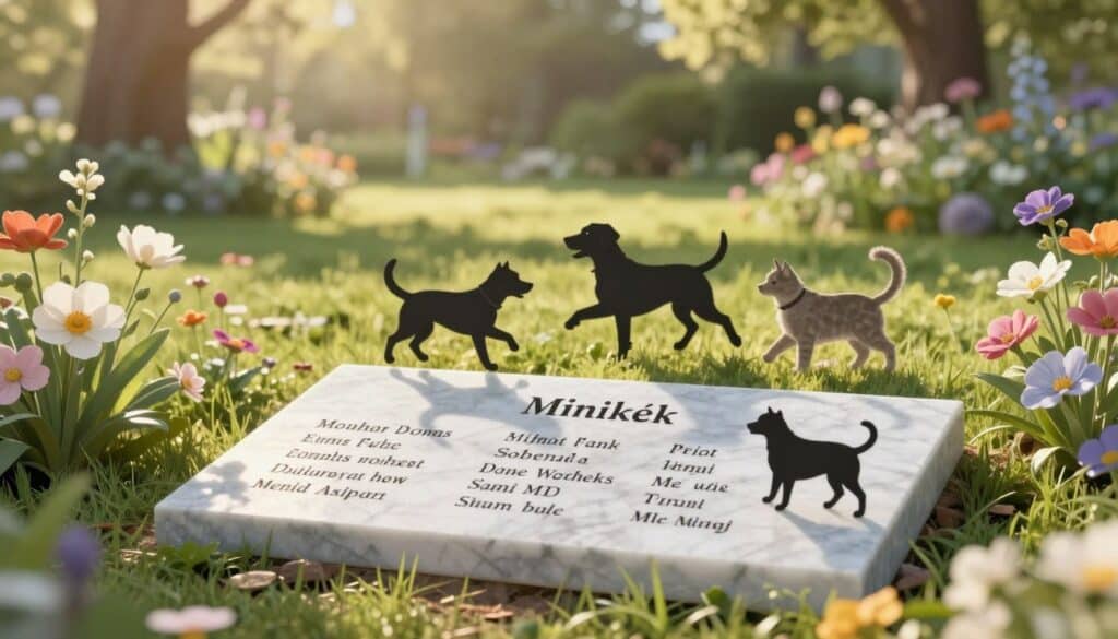 A serene outdoor scene featuring a beautifully designed memorial plaque for pets, surrounded by delicate flowers and soft greenery. The plaque, crafted from elegant marble, is inscribed with the names of beloved dogs and cats, symbolizing their lasting memories. In the foreground, gentle sunlight illuminates the plaque, casting a warm glow that evokes a feeling of peace and remembrance. In the middle ground, playful silhouettes of happy dogs and cats frolic together, showcasing the bond shared with their owners. The background features a tranquil garden with soft, blurred trees and colorful blooms, enhancing the atmosphere of love and nostalgia. The brand name "Minikék" subtly integrated into the design of the plaque. The composition captures the essence of honoring cherished pets with grace and compassion.