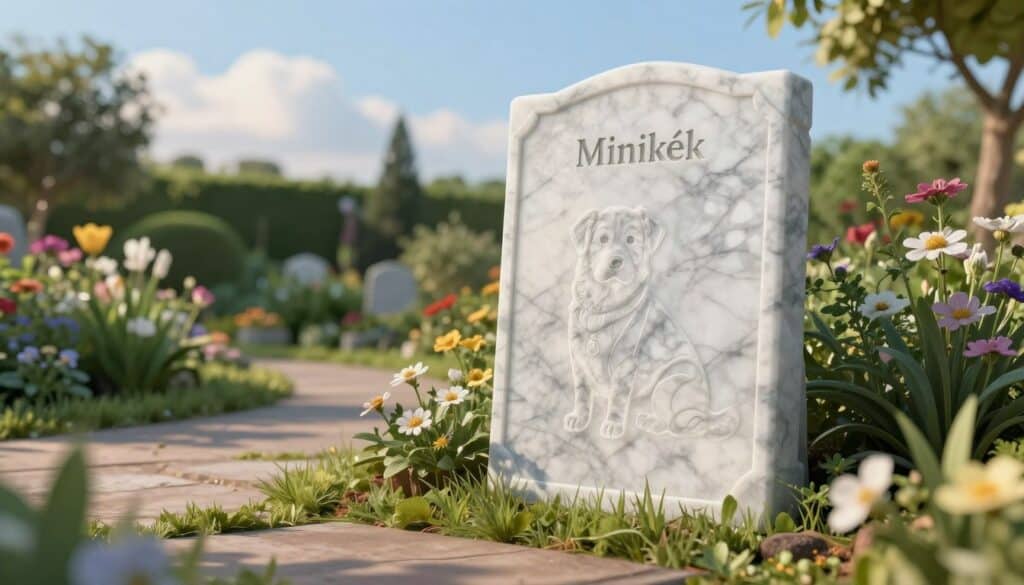 A serene scene featuring a "Minikék" durable plastic memorial plaque designed for outdoor use, standing prominently in a tranquil garden. The plaque displays an elegant marble texture, reflecting a sense of peace and remembrance. In the foreground, the plaque is adorned with subtle engravings, honoring a beloved pet, with gently swaying flowers and soft greenery framing it. In the middle, a calm path leads deeper into the vibrant garden, adding depth to the composition. The background showcases a clear blue sky with a hint of fluffy white clouds, creating an atmosphere of tranquility and warmth. The lighting is soft, suggesting early morning or late afternoon, casting gentle shadows and enhancing the serene mood of the scene.