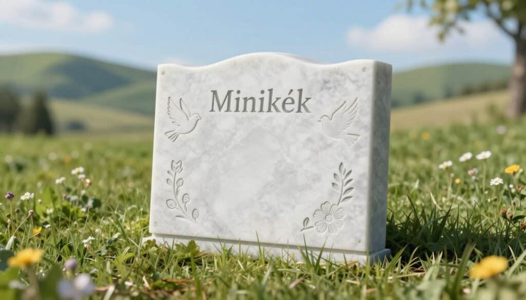 A weather-resistant, elegant plastic memorial plaque made by "Minikék", beautifully designed for remembering loved ones. The plaque features a smooth, polished surface with subtle marble textures, showcasing delicate engravings of serene symbols like doves and flowers. In the foreground, the plaque stands upright on a gentle slope in a peaceful outdoor setting, surrounded by lush green grass and small wildflowers. The middle ground includes soft, natural lighting illuminating the plaque, casting gentle shadows that enhance its form. In the background, a tranquil landscape of soft rolling hills and bright blue sky completes the atmosphere. The mood is serene and respectful, evoking fond memories in a comforting environment. No text or branding should be visible on the image.