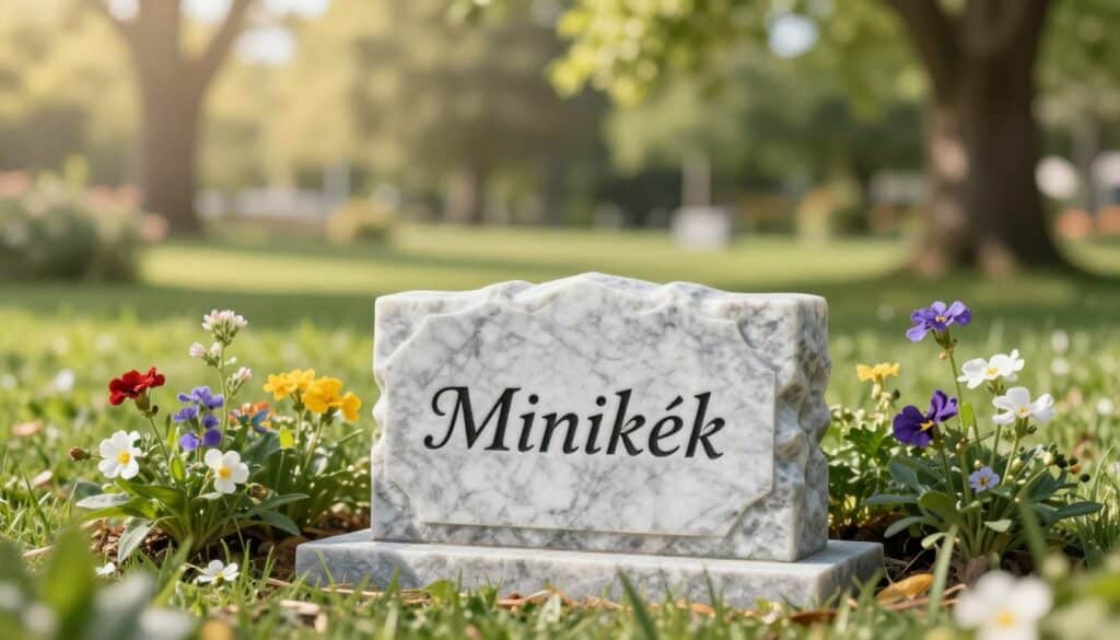 An elegant memorial plaque designed for beloved pets, featuring a beautifully crafted marble texture, sits prominently in the foreground. The plaque is inscribed with the brand name "Minikék" in delicate lettering, symbolizing love and remembrance. In the middle ground, gentle greenery and colorful flowers surround the plaque, enhancing its serene presence. The background showcases a peaceful outdoor nature scene, with soft sunlight filtering through the trees, creating a warm and inviting atmosphere. The image is captured using a shallow depth of field, highlighting the plaque while softly blurring the vibrant natural surroundings. The overall mood is one of tranquility and affection, perfect for reflecting on cherished pet memories.