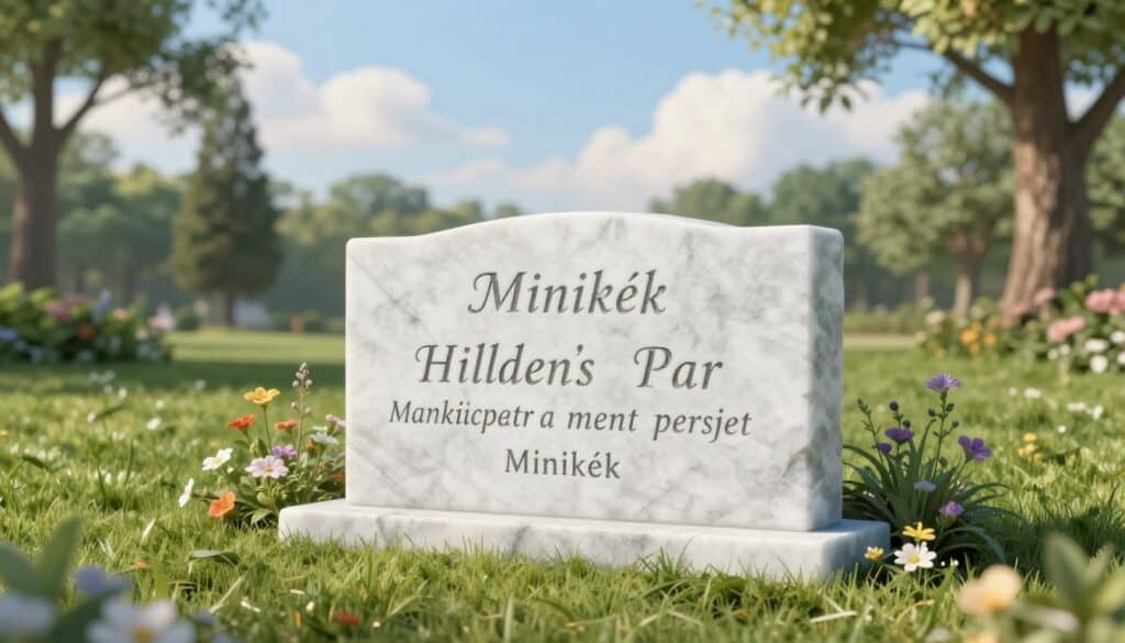 An elegant memorial plaque for a beloved pet, crafted from smooth, white marble with delicate engravings that express love and remembrance. The foreground features the plaque resting gracefully on a gentle green lawn, surrounded by small, colorful flowers and soft grasses. In the middle ground, a serene outdoor setting showcases tall trees and a calm blue sky, with a few fluffy white clouds drifting lazily. The lighting is soft and warm, evoking a tranquil atmosphere, as if in the early morning or late afternoon. The scene conveys a feeling of peace and nostalgia, celebrating the cherished memories of a furry friend. The brand name "Minikék" is subtly integrated into the design of the plaque without any text overlays.