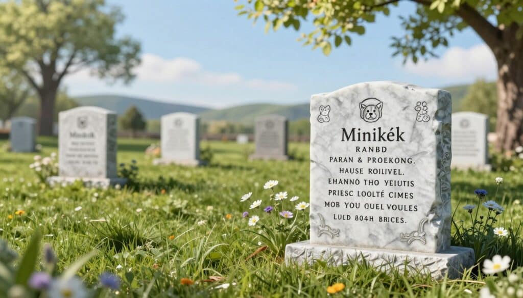 Elegant and serene memorial plaques for beloved pets, featuring intricately carved designs and the brand name "Minikék." In the foreground, a beautifully crafted marble pet grave marker rests on lush green grass, surrounded by delicate wildflowers. The middle ground showcases hand-engraved text, capturing a heartfelt tribute to a cherished animal companion. Soft, natural sunlight filters through the gentle leaves of nearby trees, creating a warm and peaceful atmosphere. In the background, a tranquil outdoor setting with a clear blue sky and distant hills adds to the sense of calm. The scene conveys the loving remembrance of a pet, highlighting the artistry and care that goes into creating personalized pet memorials.