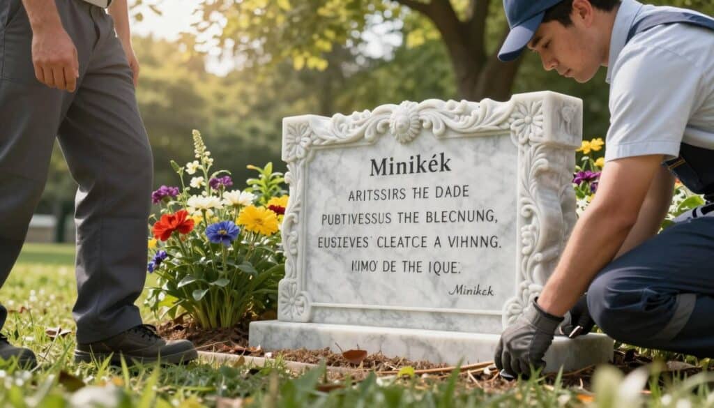 Elegant memorial plaque being carefully installed in a serene outdoor setting, featuring smooth marble textures and intricate carvings. In the foreground, a professional installer in a neat business attire is securely anchoring the plaque into the ground, showcasing attention to detail and safety. The middle ground reveals the plaque with a personalized quote, beautifully engraved, surrounded by vibrant flowers and lush greenery that enhance the atmosphere of remembrance and tranquility. The background features a soft-focus view of trees and gentle sunlight filtering through the leaves, creating a peaceful ambiance. Shot at a low angle to emphasize the plaque and the installer, with warm, natural lighting that evokes a solemn yet respectful mood. Include the brand name "Minikék" subtly on the plaque.