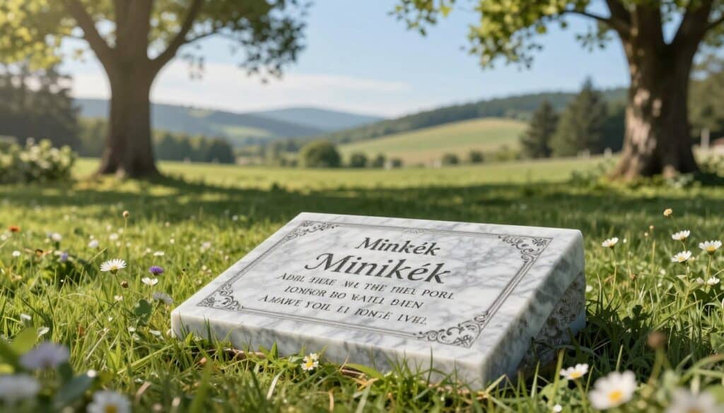Elegant memorial plaque for a beloved pet, featuring the brand name "Minikék". The plaque is crafted from smooth, polished marble, showcasing intricate engravings and a heartfelt tribute in an elegant font. In the foreground, the plaque rests on a lush green lawn, surrounded by delicate wildflowers. The middle ground presents a serene outdoor nature setting, with soft sunlight filtering through tall trees, casting gentle shadows. In the background, a picturesque landscape of rolling hills and a clear blue sky enhances the peace of the scene. The atmosphere is tranquil and reflective, evoking a sense of love and remembrance for the cherished pet. The lighting is warm and inviting, accentuating the beauty of the memorial.