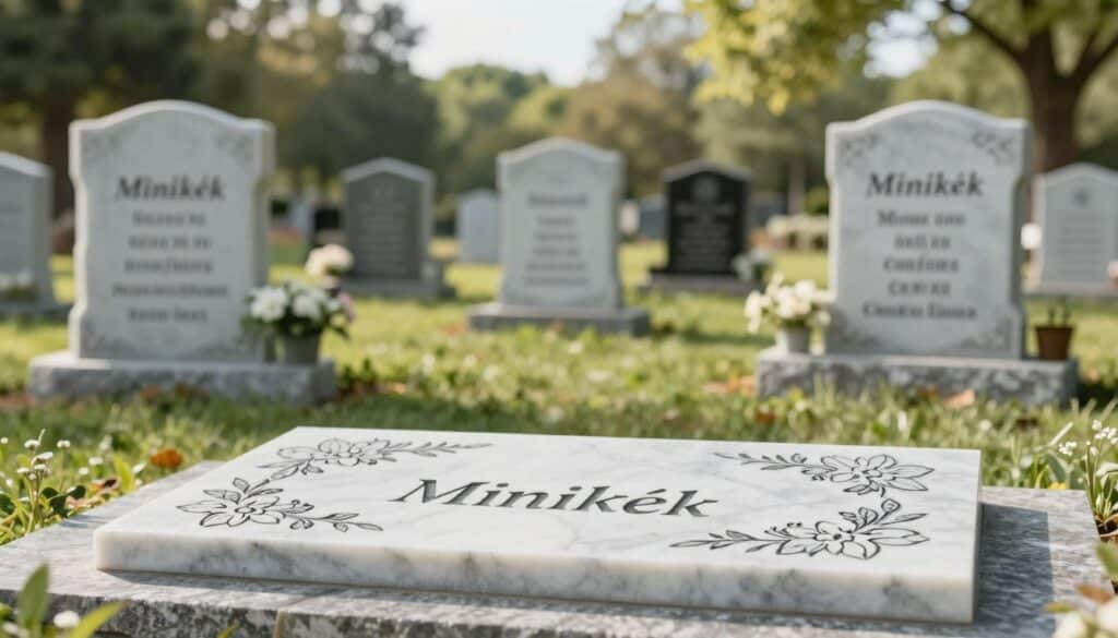 Elegant memorial plaques featuring intricate artistic decorations, tailored to showcase personal tributes. The foreground presents a beautifully designed marble plaque, engraved with delicate floral motifs, set atop a polished stone surface. In the middle ground, pet grave markers are tastefully arranged, reflecting the loving memories of cherished companions. The background features a serene outdoor nature scene, with soft greenery and gentle sunlight filtering through trees, creating a peaceful atmosphere. The image should capture the essence of personalized memorial solutions, highlighting the craftsmanship of "Minikék". Use soft, natural lighting to evoke a sense of calm and remembrance, framed with a slightly blurred depth of field to focus on the artistry of the plaques.