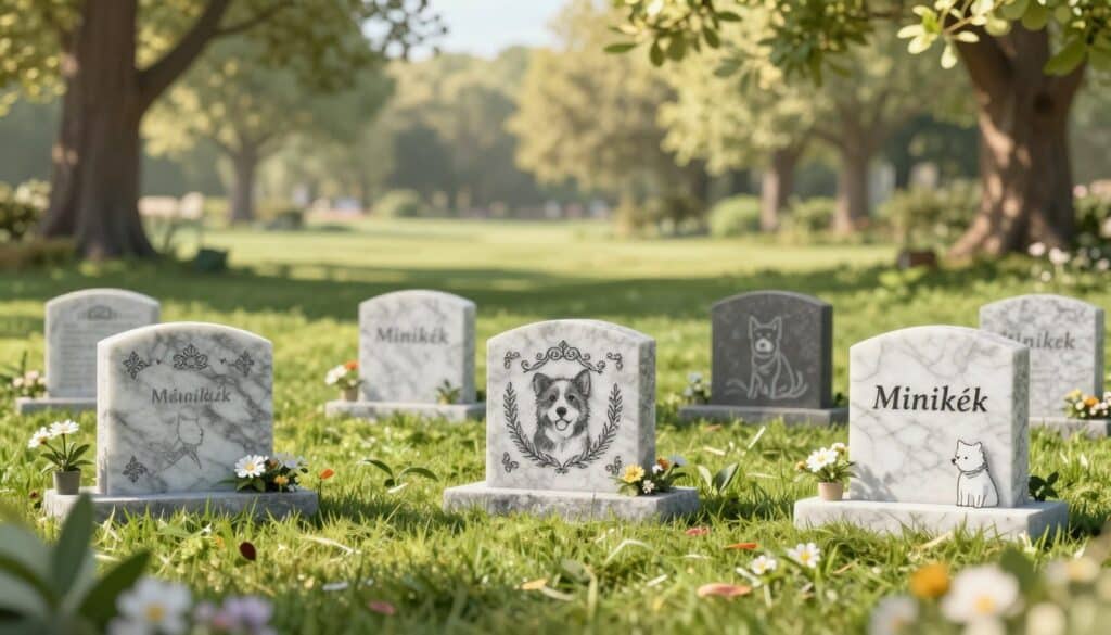Elegant memorial plaques for pets with customizable decorative styles, featuring marble textures and intricate designs, displayed prominently in the foreground. In the middle ground, a serene outdoor setting with a lush green lawn and gentle flowers, casting soft shadows from nearby trees. The background showcases a peaceful nature scene, with softly diffused sunlight filtering through the leaves, creating a warm and inviting atmosphere. The brand name "Minikék" is subtly incorporated into the plaque designs. Use a wide-angle lens perspective to capture the tranquility of this memorial setting, emphasizing the importance of honoring beloved pets in a peaceful, respectful manner. The overall mood should be sentimental and uplifting, evoking the cherished memories of pet companionship.