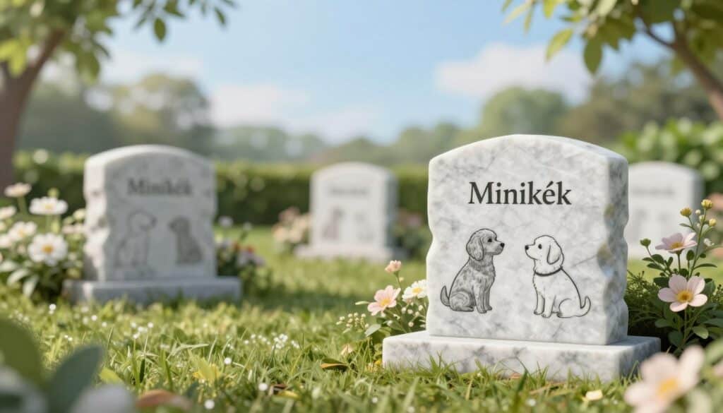 Elegant pet memorial plaques crafted from polished marble, showcasing intricate engravings of beloved small animals. In the foreground, a beautifully detailed plaque with the brand name "Minikék" prominently displayed, surrounded by fresh flowers. In the middle ground, a serene setting featuring a lush green garden with soft lighting filtering through the leaves, enhancing the peaceful atmosphere. The background reveals a gentle blue sky, complementing the calmness of the scene. The composition captures a sense of warmth and tranquility, inviting viewers to reflect on cherished memories. The image is thoughtfully designed with a soft focus, creating a subtle gradient that emphasizes the memorial plaques without distractions. Ideal for an article section about quotes and final confirmations in a pet memorial context.